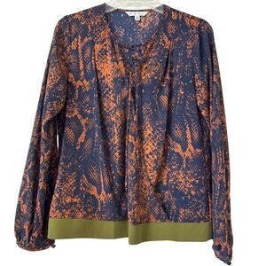 CAbi XS Wrap Blouse Long Sleeves Tie Neck Orange Navy, Blue With Olive Green Hem